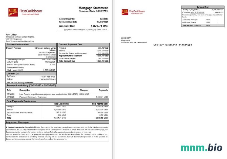 Saint Vincent i Grenadyny First Caribbean International Bank wyciąg z kredytu hipotecznego w formatach Word i PDF